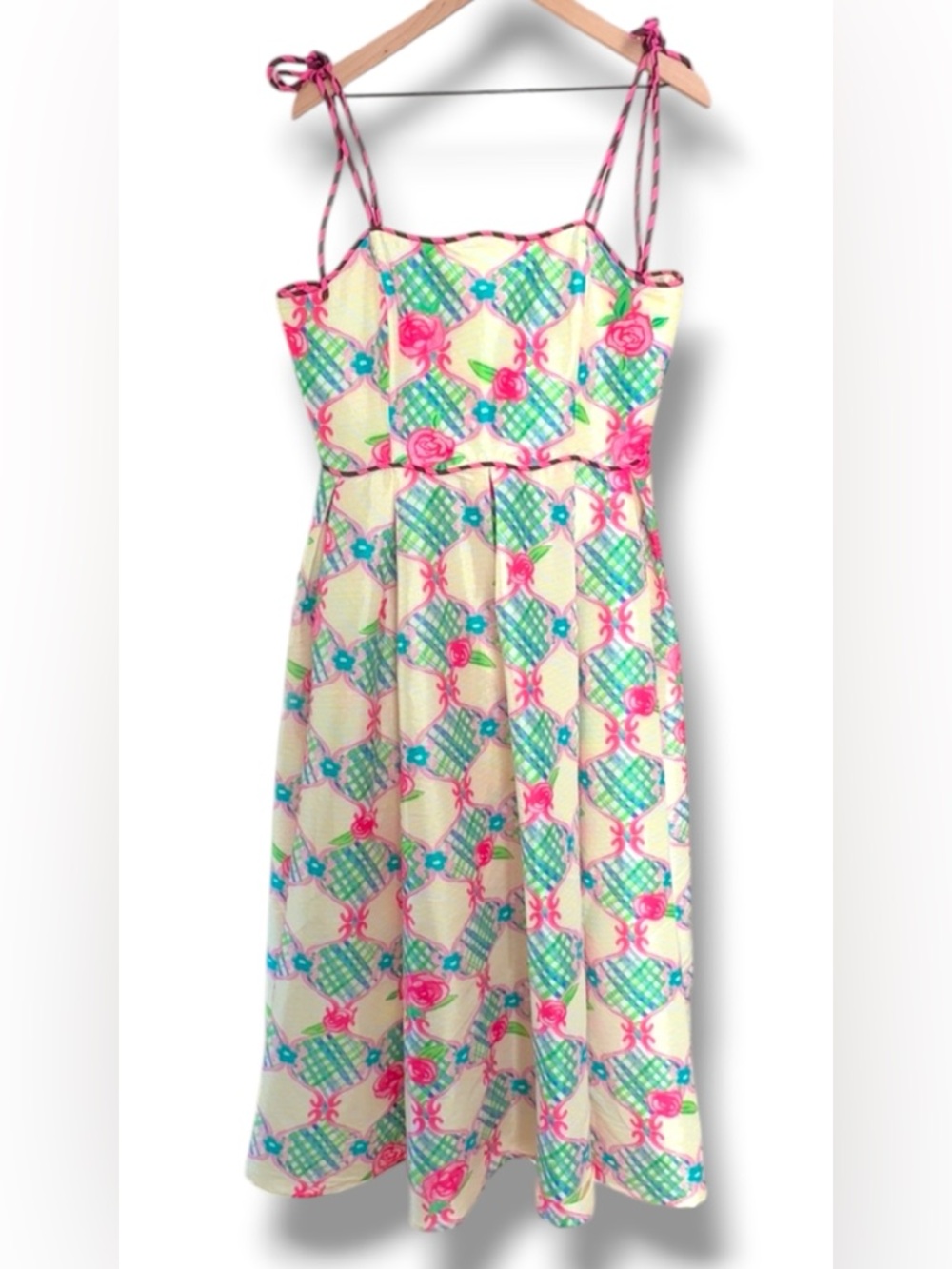 Celia B NWT Palau Midi Dress Pink Rose Blue Gingham Spaghetti Strap Full Dress L - Picture 5 of 16